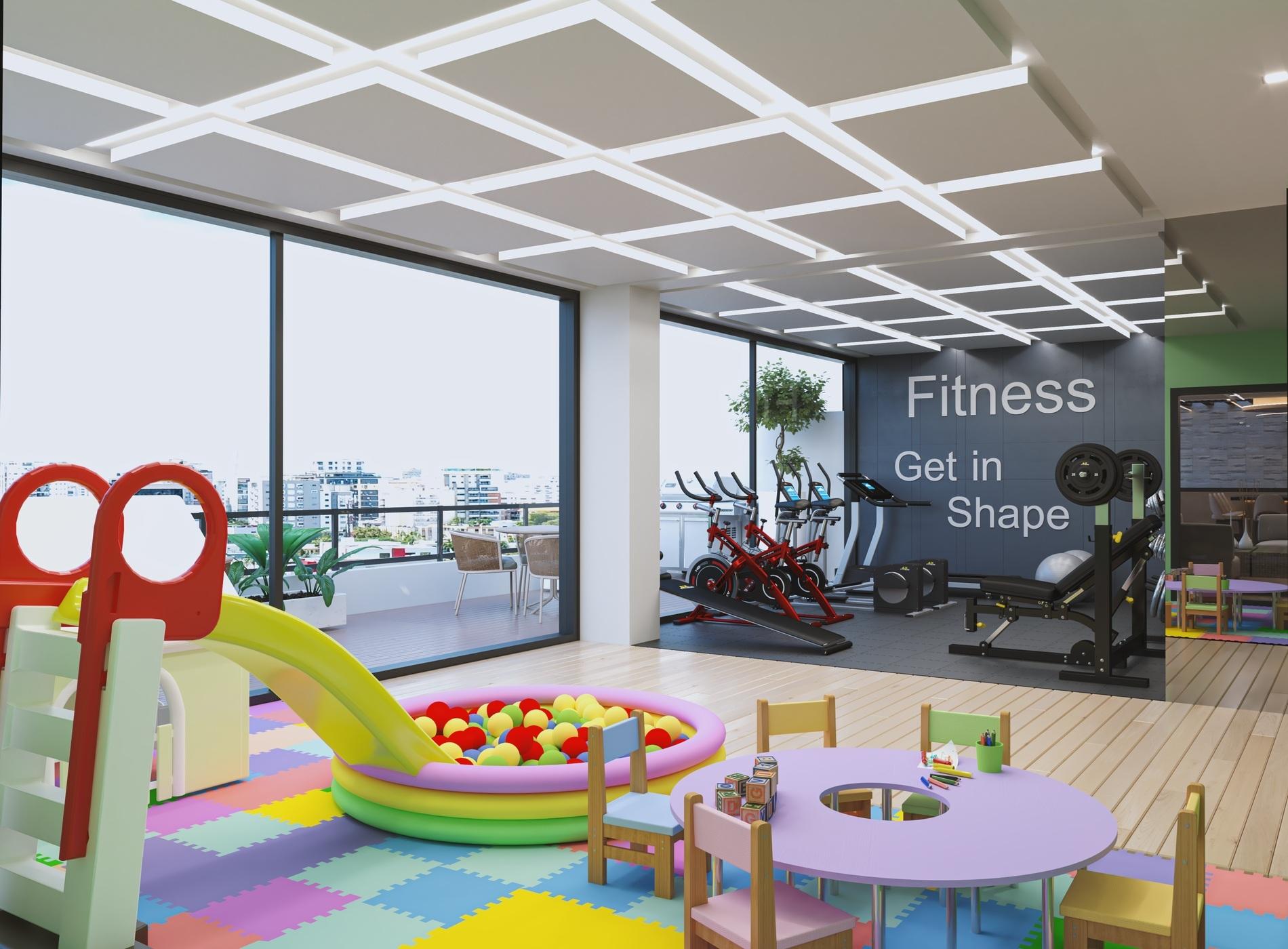 Phòng gym và khu vui chơi trẻ em trong khu tiện ích chung cư