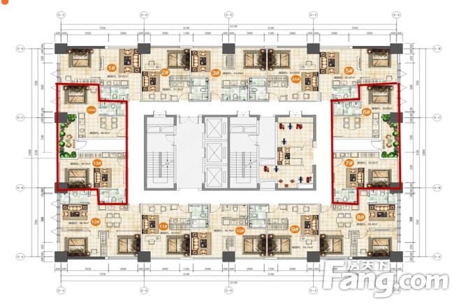 Mặt bằng tầng căn hộ với lõi thang máy và hành lang trung tâm