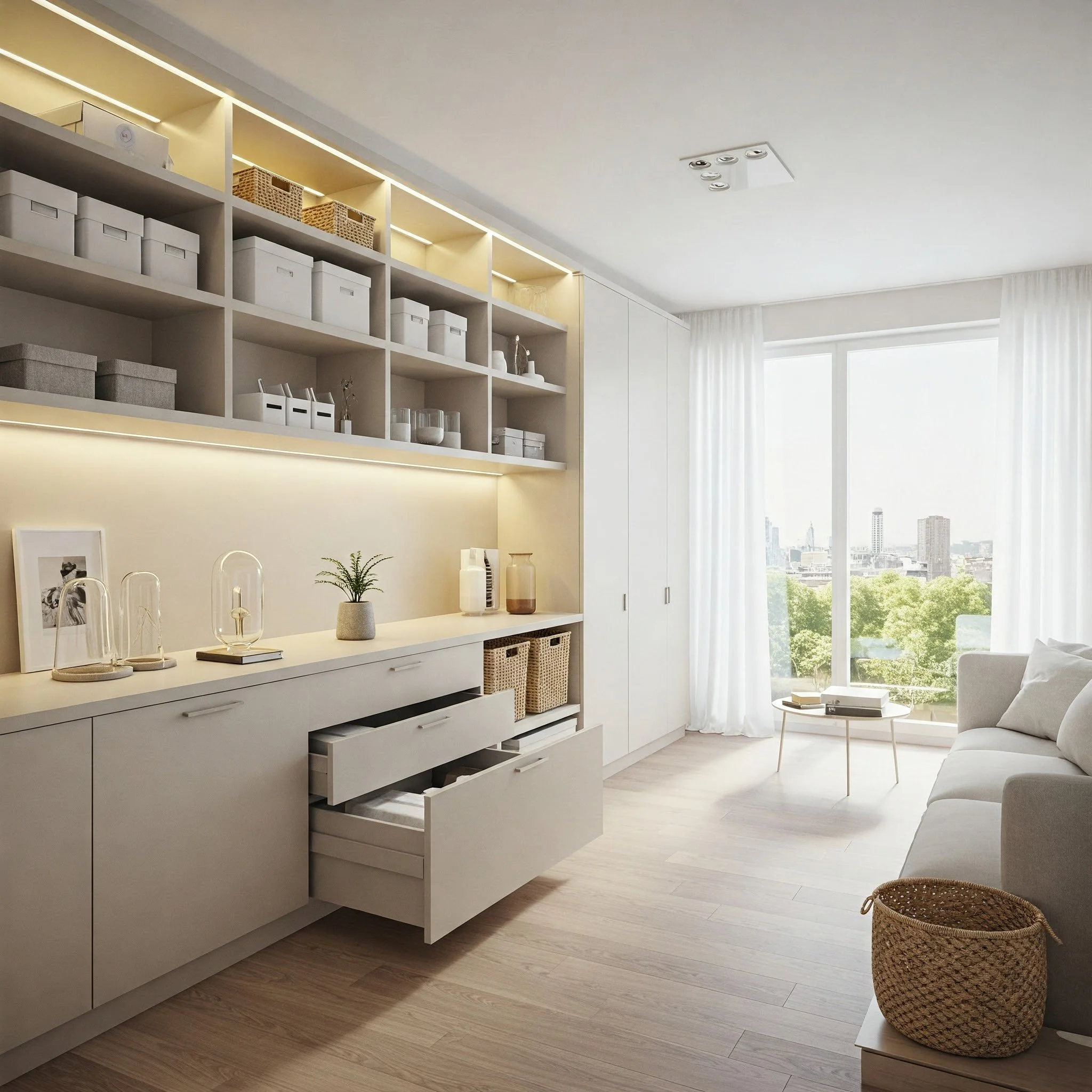 Hệ tủ lưu trữ cao sát trần trong căn hộ hiện đại