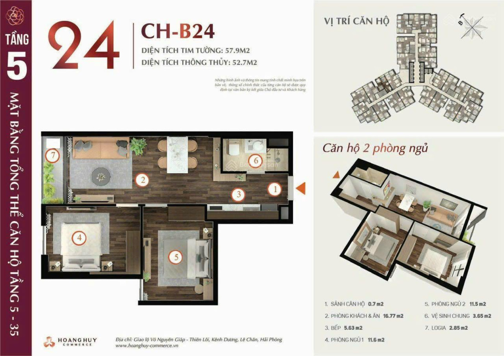 Mặt bằng căn hộ 2 phòng ngủ Hoàng Huy Commerce 57.9m2