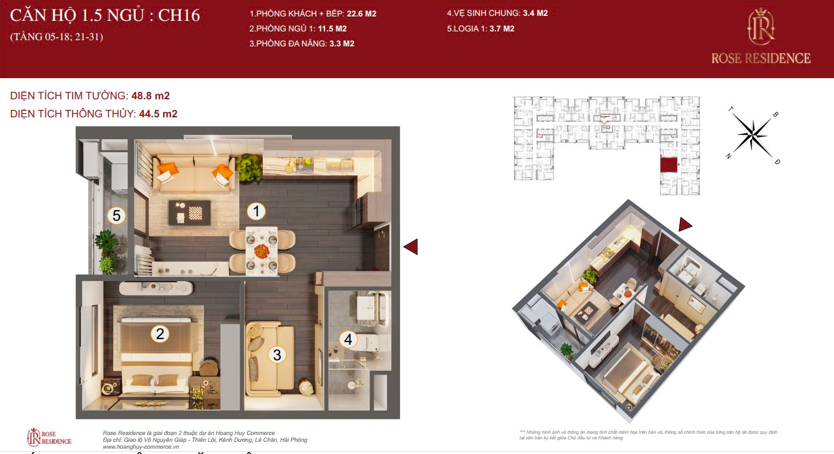Mặt bằng căn 1,5PN Rose Residence Hoàng Huy Commerce