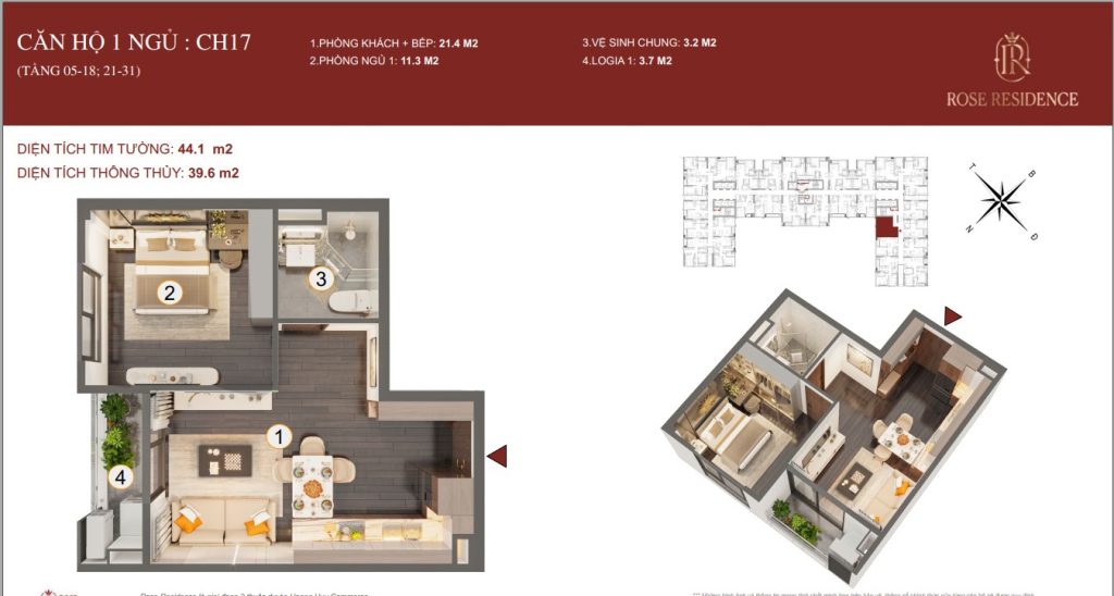 Mặt bằng căn 1PN Rose Residence Hoàng Huy Commerce