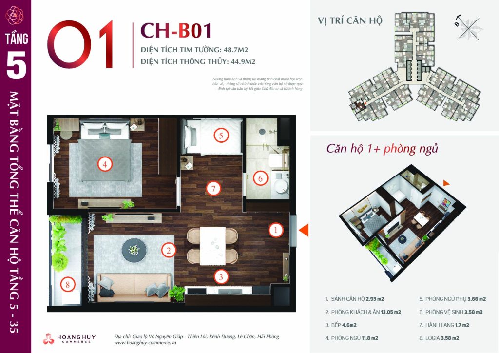 Thiết kế căn hộ 1,5 phòng ngủ Hoàng Huy Commerce