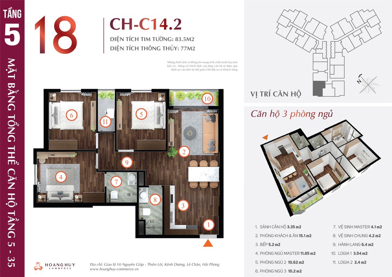 Mặt bằng căn 3PN Hoàng Huy Commerce CH18 83,5 m² tim tường
