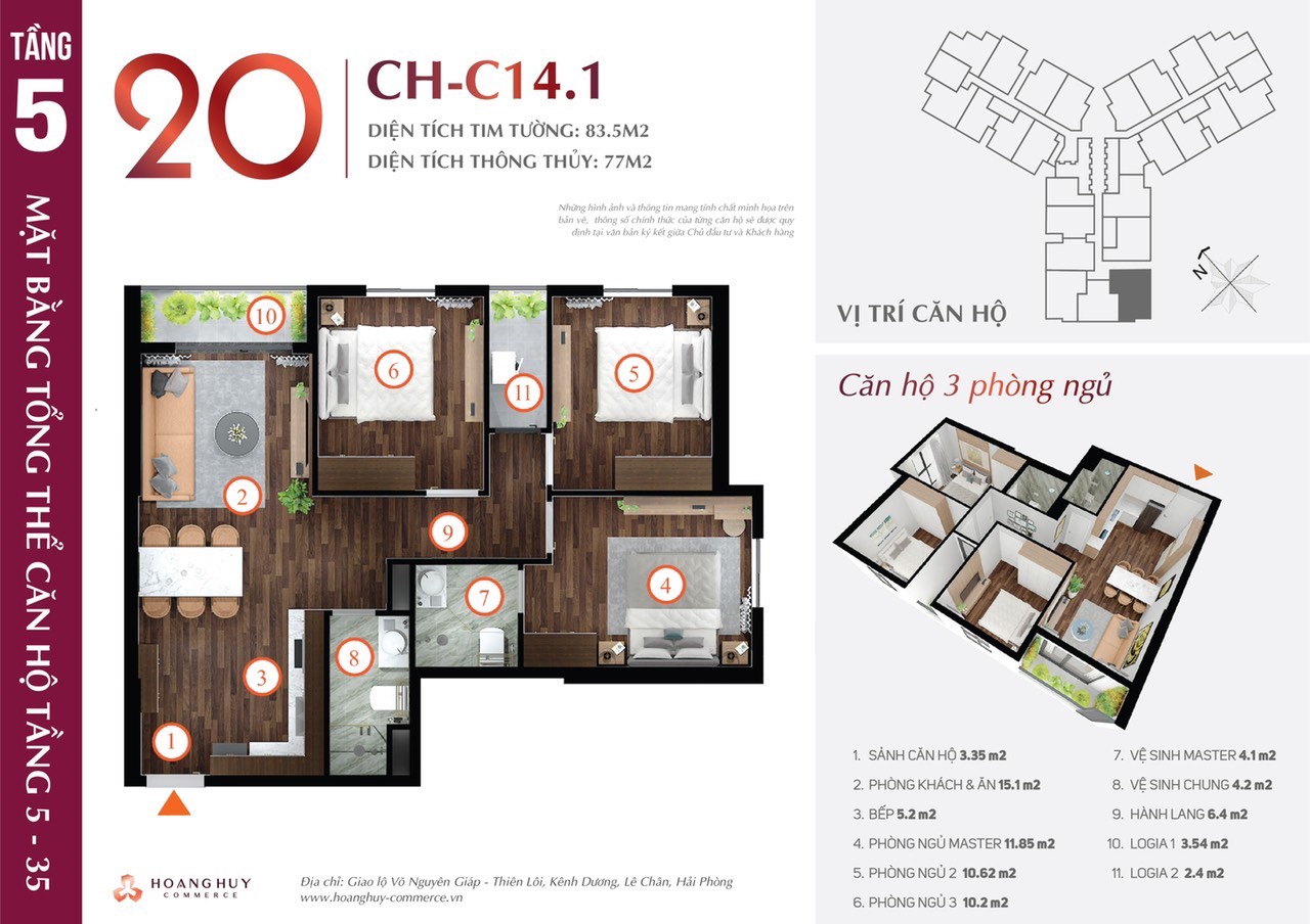 Mặt bằng căn 3PN Hoàng Huy Commerce CH20 83,5 m² tim tường